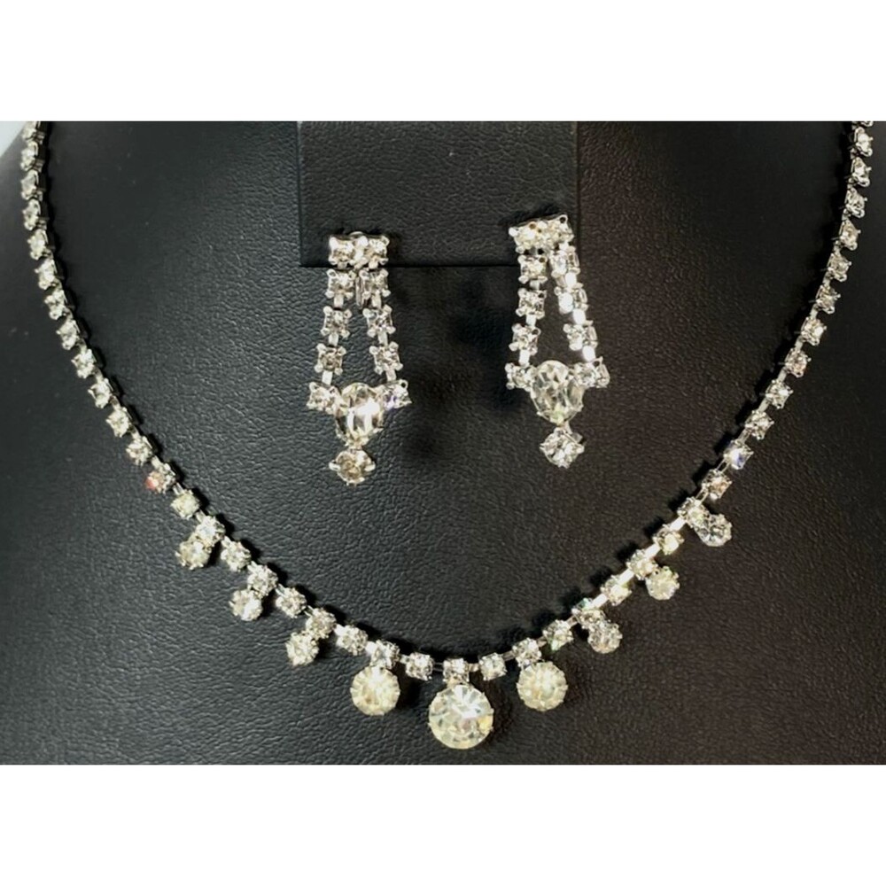 Vintage Clear CZ Prong Rhinestone Drop Necklace & Earrings Screw Back Set